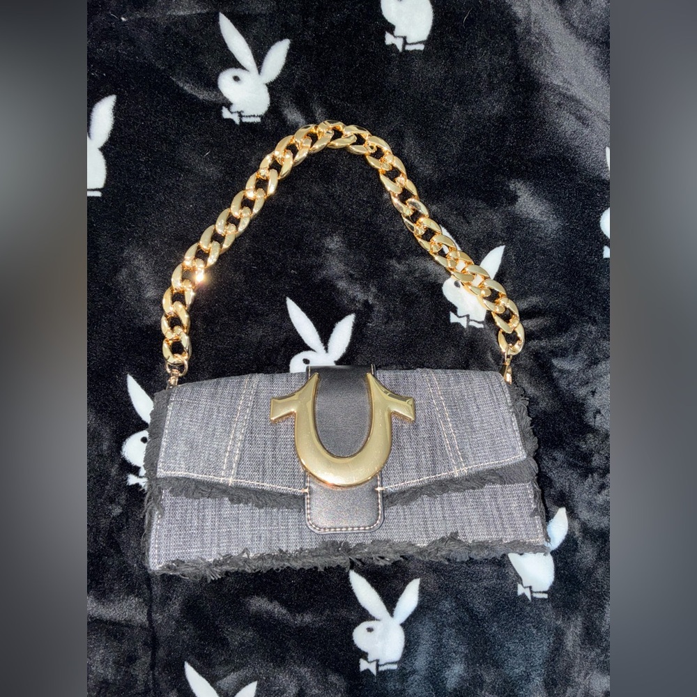 True Religion Black and Gold Shoulder Bag